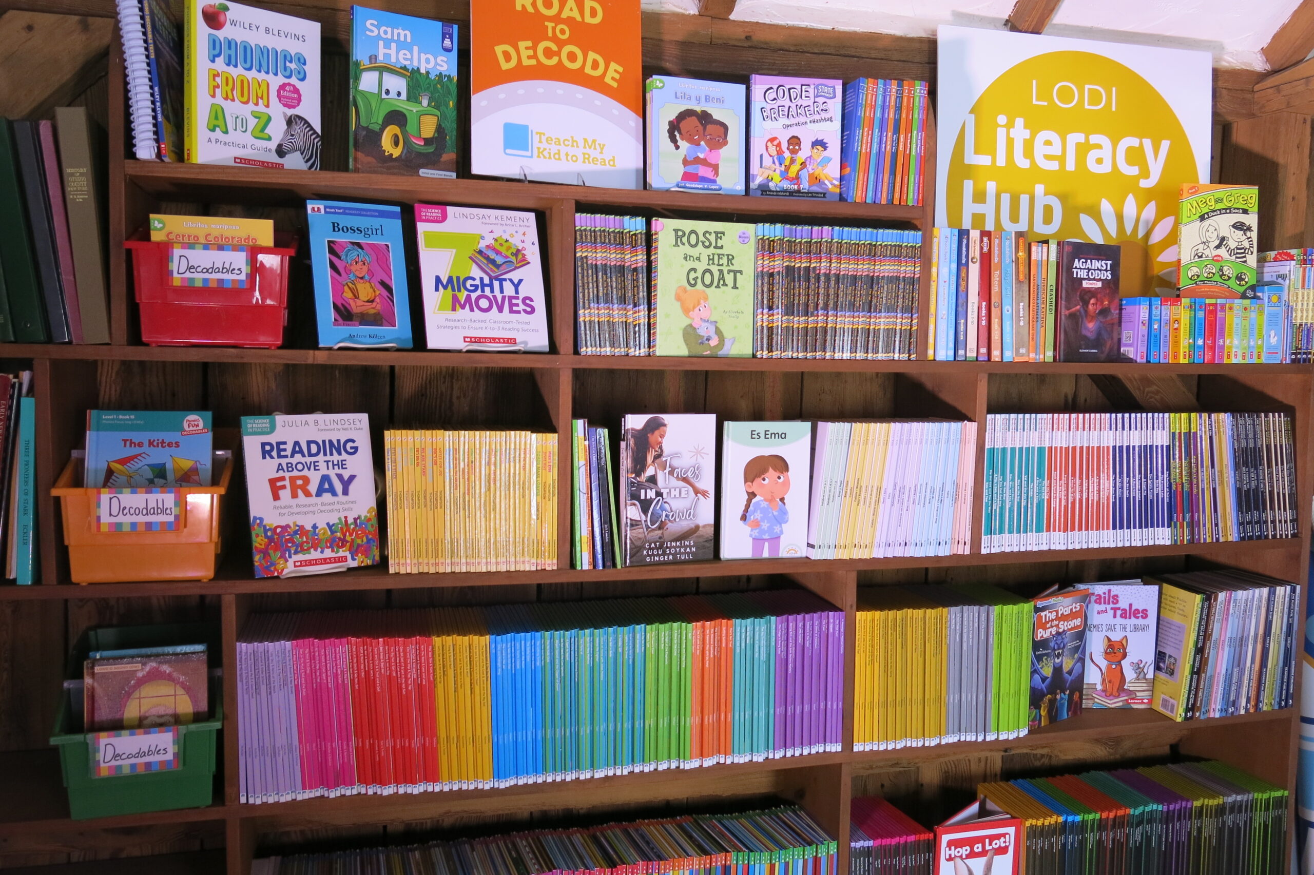 Community Literacy Hub shelves filled with books for beginning and striving readers